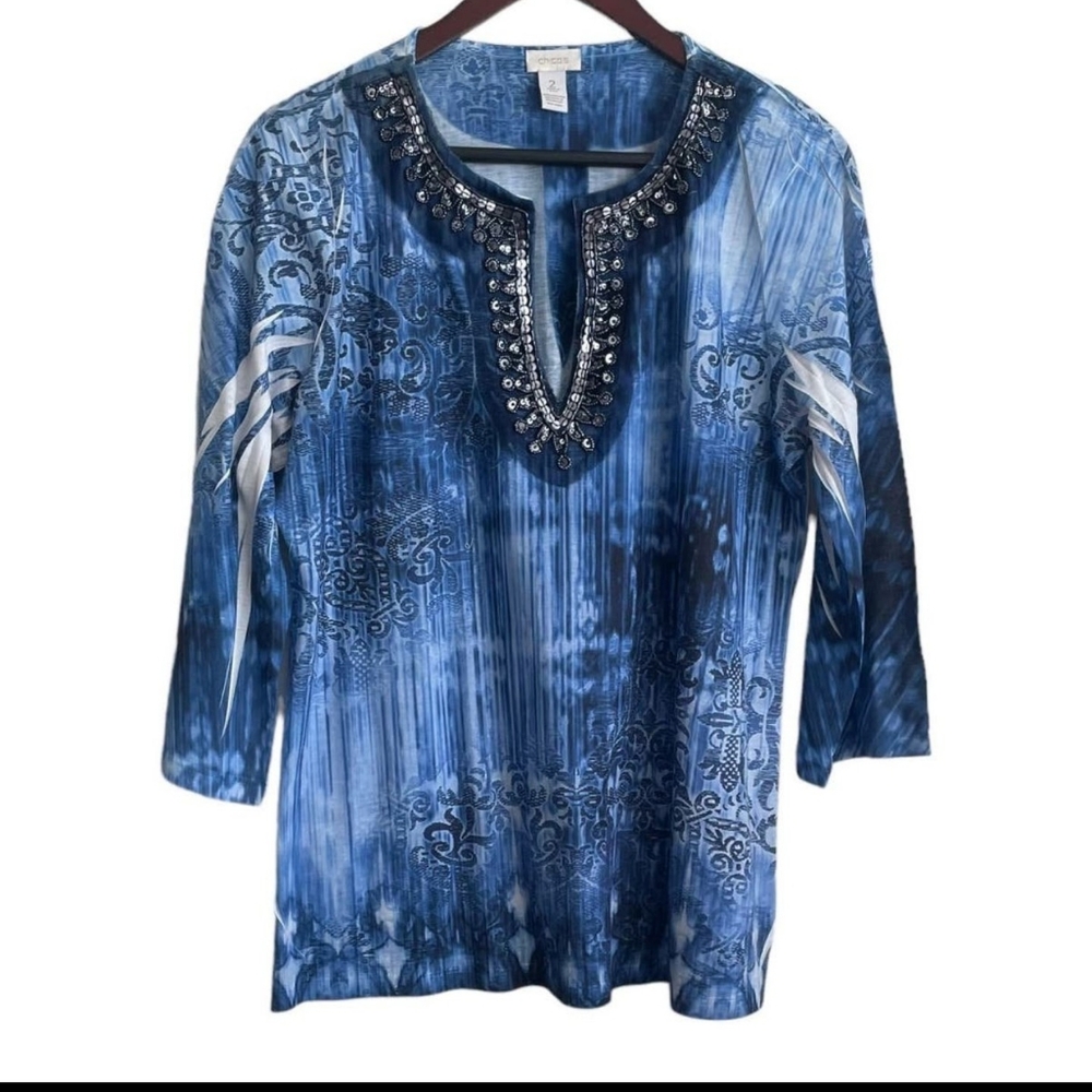 Womens Chicos Blue 3/4 Sleeve  Pullover V-neck Beaded Top Size 2 (Large)